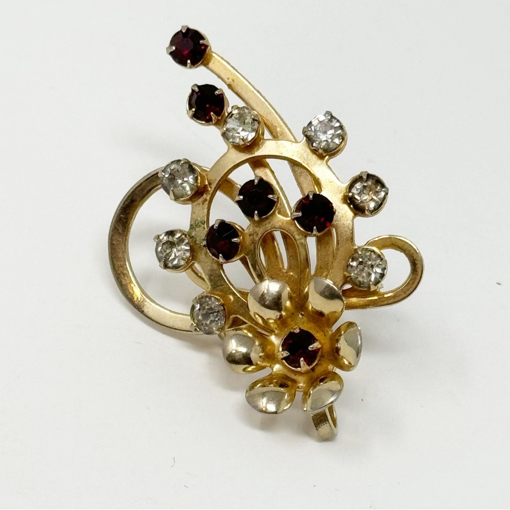 Vintage Flower Firework Red Clear Rhinestones Gold Tone Pin Brooch or Pendant